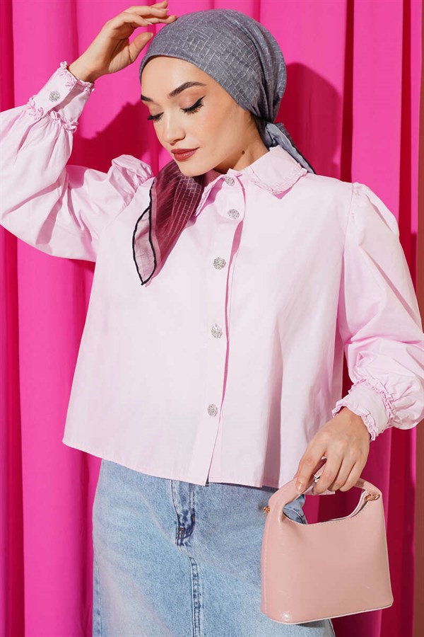 Pink Short Shirt with Ruffled Collar and Sleeves