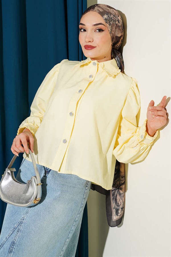 Yellow Short Shirt with Ruffled Collar and Sleeves