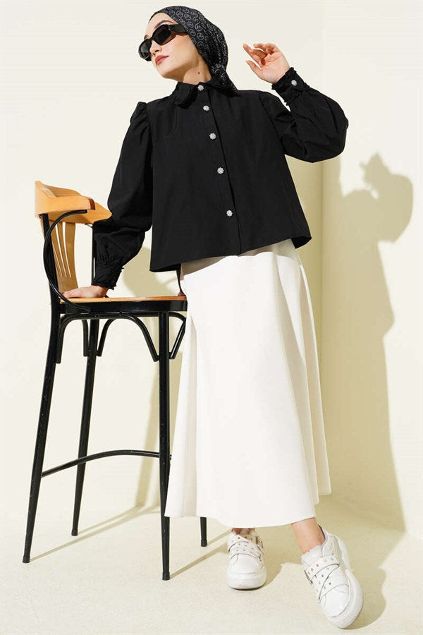 Black Short Shirt with Ruffled Collar and Sleeves