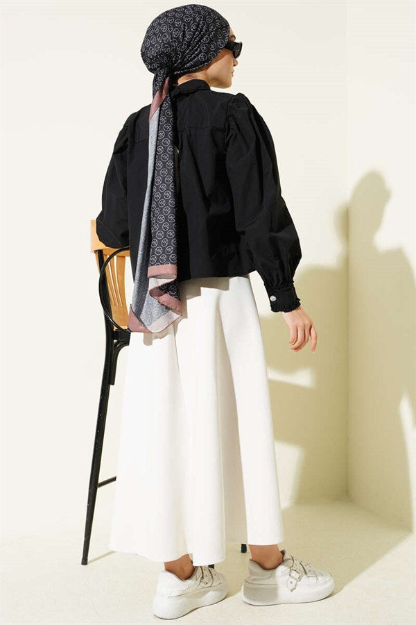 Black Short Shirt with Ruffled Collar and Sleeves