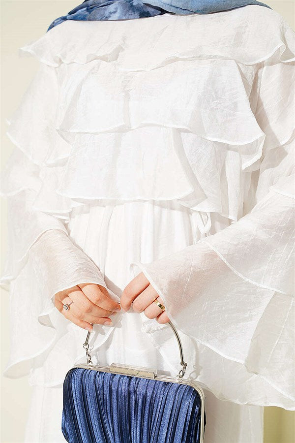 White Flared Dress with Folded Neckline and Sleeves