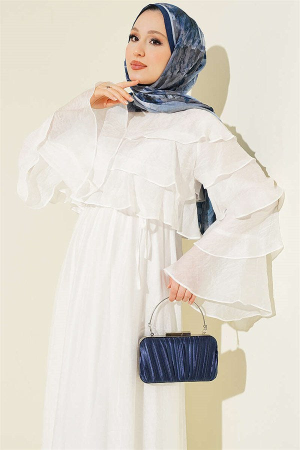 White Flared Dress with Folded Neckline and Sleeves