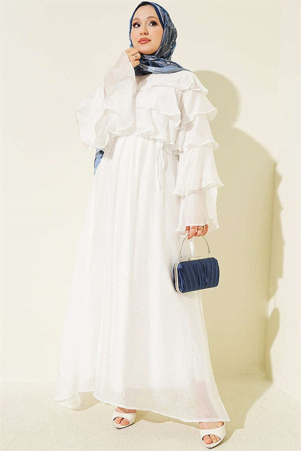White Flared Dress with Folded Neckline and Sleeves