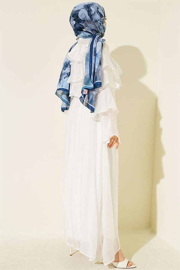 White Flared Dress with Folded Neckline and Sleeves