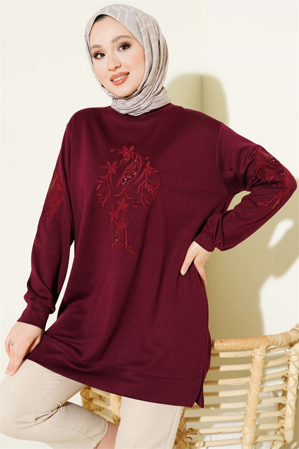 Sequined Loisha Tunic with Embroidered Collar and Sleeves, Burgundy