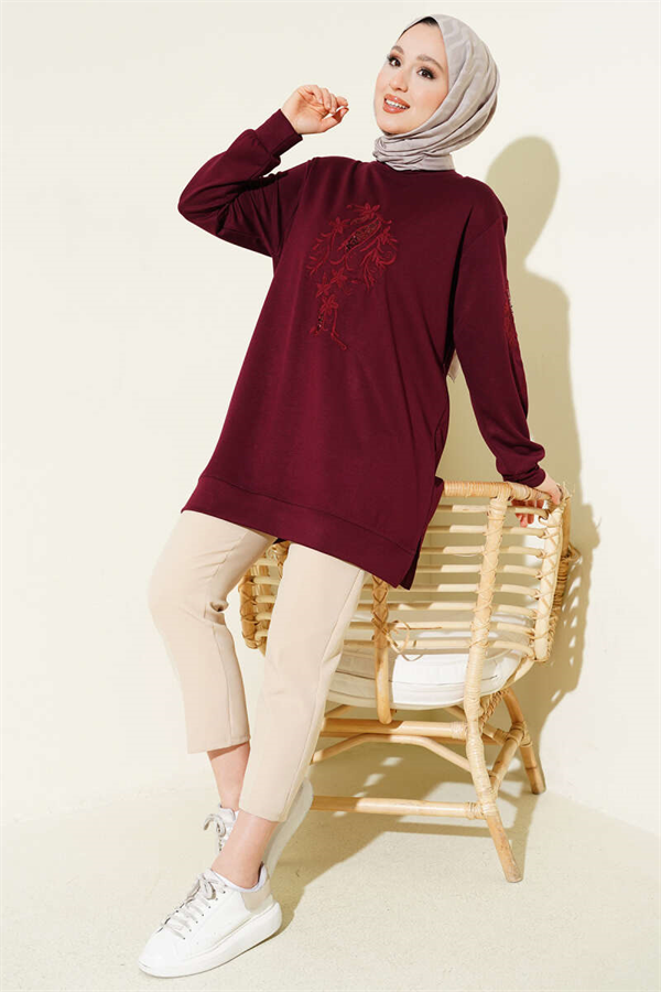 Sequined Loisha Tunic with Embroidered Collar and Sleeves, Burgundy