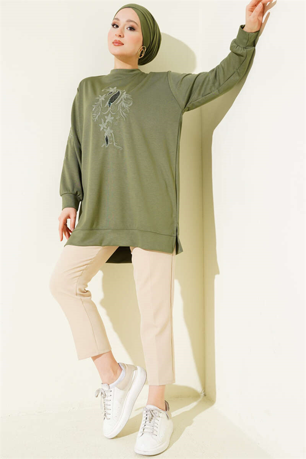 Sequined Loisha Tunic with Embroidered Collar and Sleeves, Light Green