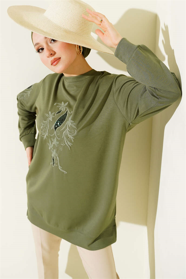 Sequined Loisha Tunic with Embroidered Collar and Sleeves, Light Green