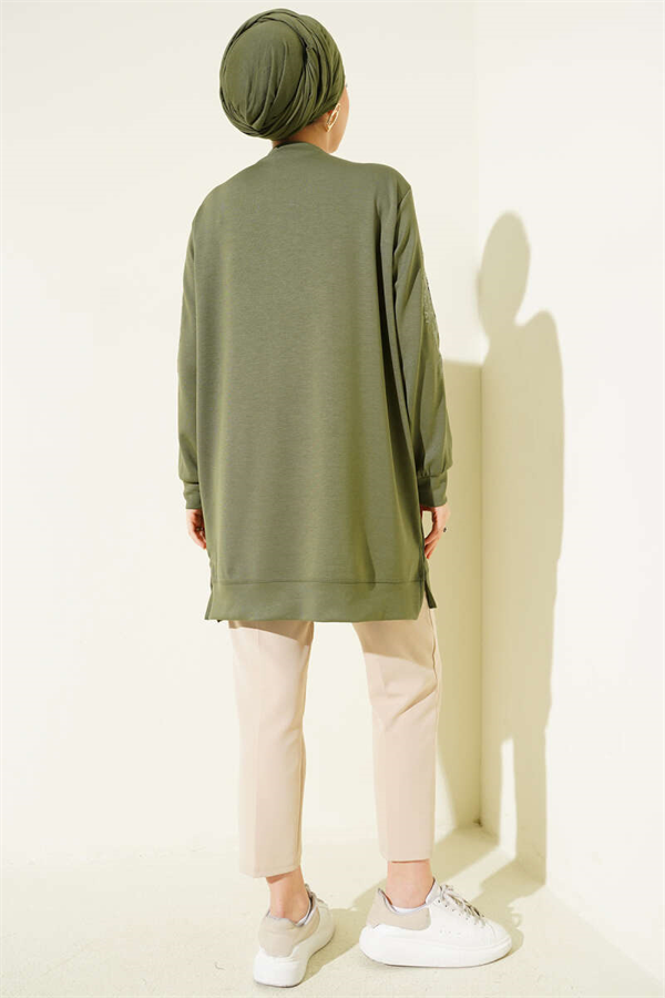 Sequined Loisha Tunic with Embroidered Collar and Sleeves, Light Green