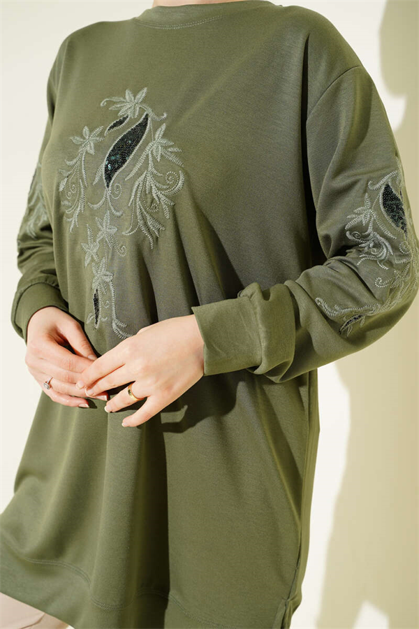 Sequined Loisha Tunic with Embroidered Collar and Sleeves, Light Green