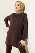 Sequined Loisha Tunic with Embroidered Collar and Sleeves, Brown