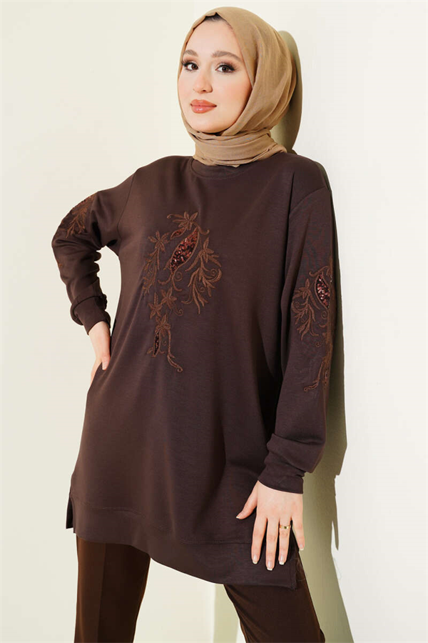 Sequined Loisha Tunic with Embroidered Collar and Sleeves, Brown