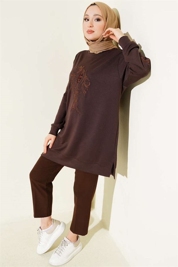 Sequined Loisha Tunic with Embroidered Collar and Sleeves, Brown