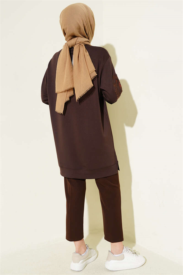 Sequined Loisha Tunic with Embroidered Collar and Sleeves, Brown