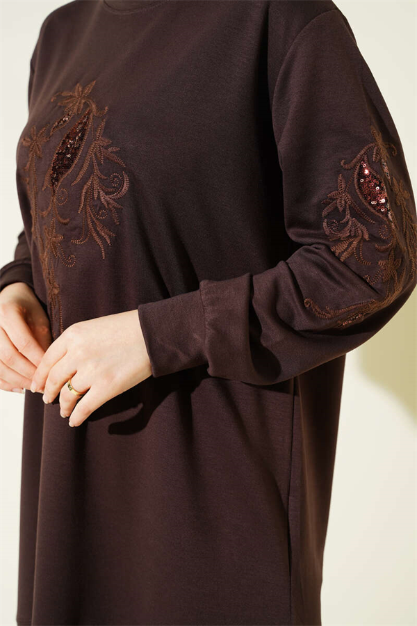 Sequined Loisha Tunic with Embroidered Collar and Sleeves, Brown
