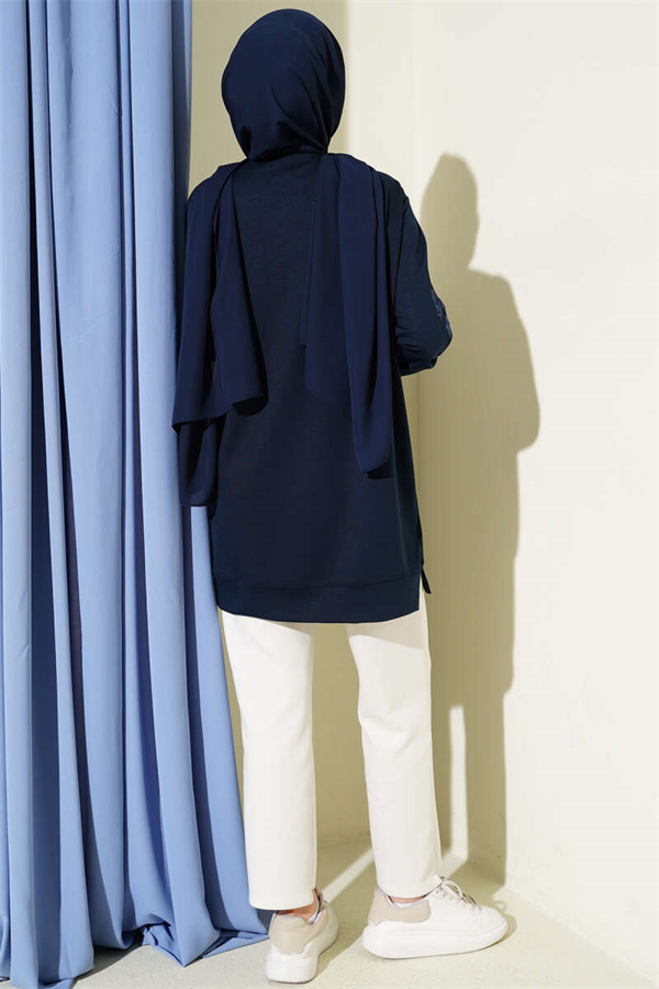 Navy Blue Sequined Loisha Tunic with Embroidered Collar and Sleeves
