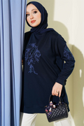 Navy Blue Sequined Loisha Tunic with Embroidered Collar and Sleeves