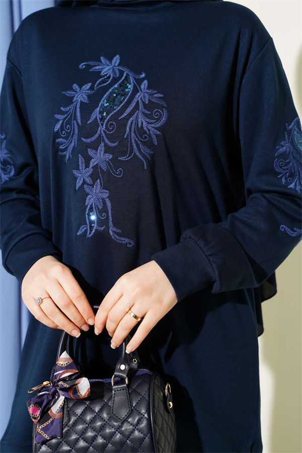 Navy Blue Sequined Loisha Tunic with Embroidered Collar and Sleeves