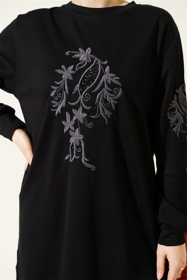 Loisha Tunic with Embroidered Collar and Sleeves, Black