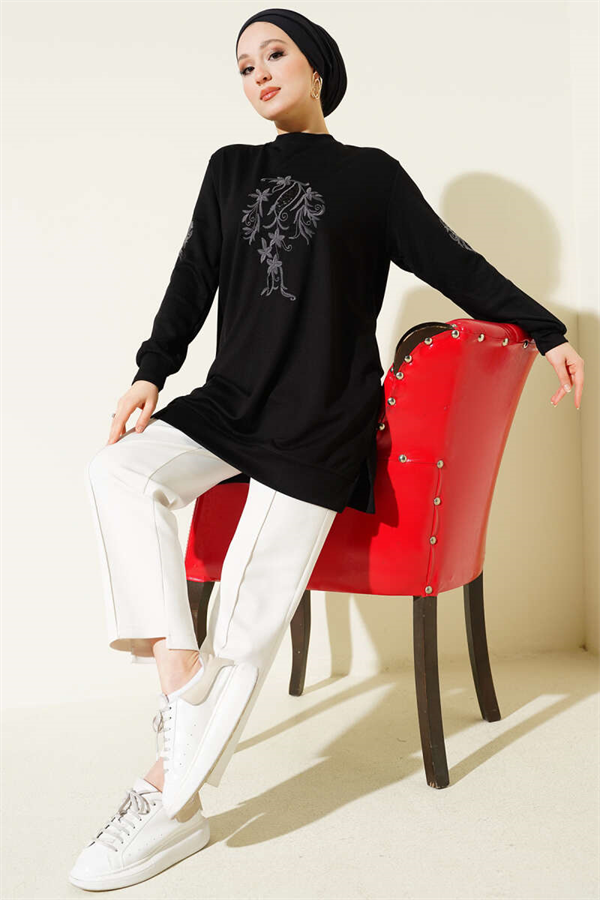 Loisha Tunic with Embroidered Collar and Sleeves, Black
