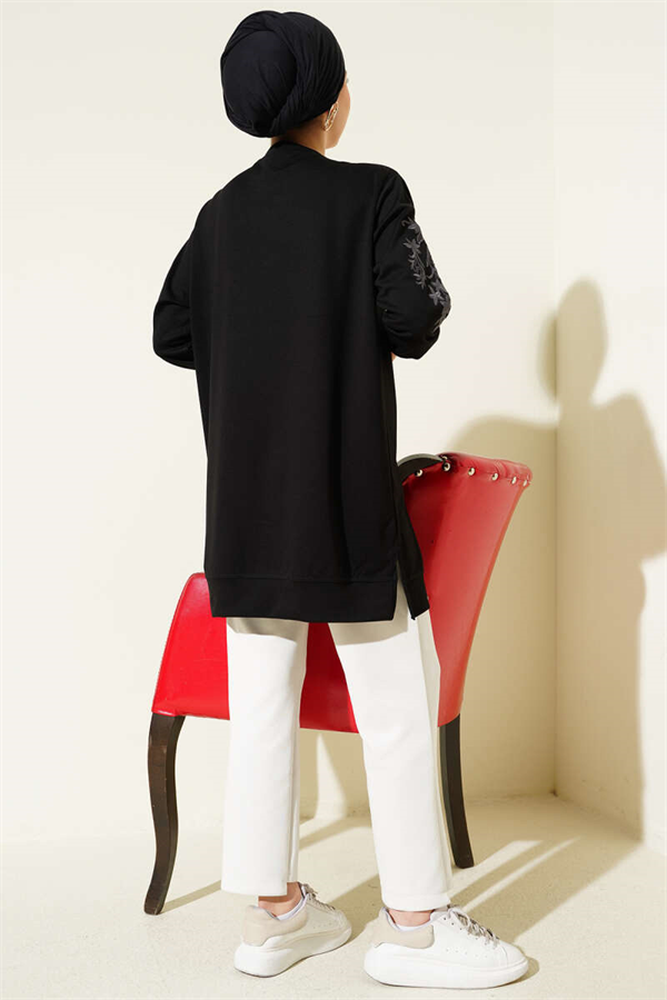 Loisha Tunic with Embroidered Collar and Sleeves, Black
