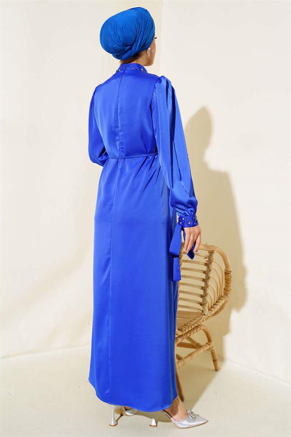 Satin Dress with Stone Collar and Sleeves in Saxe