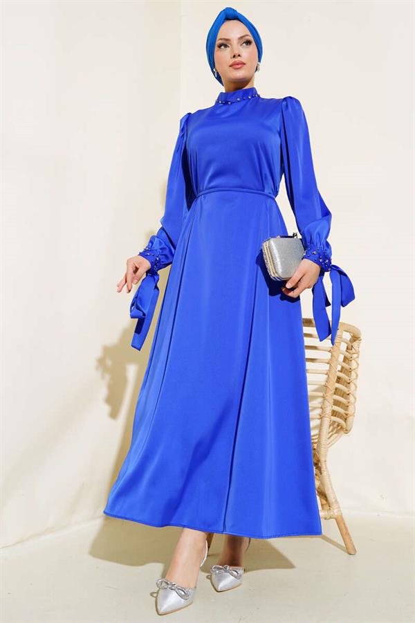 Satin Dress with Stone Collar and Sleeves in Saxe