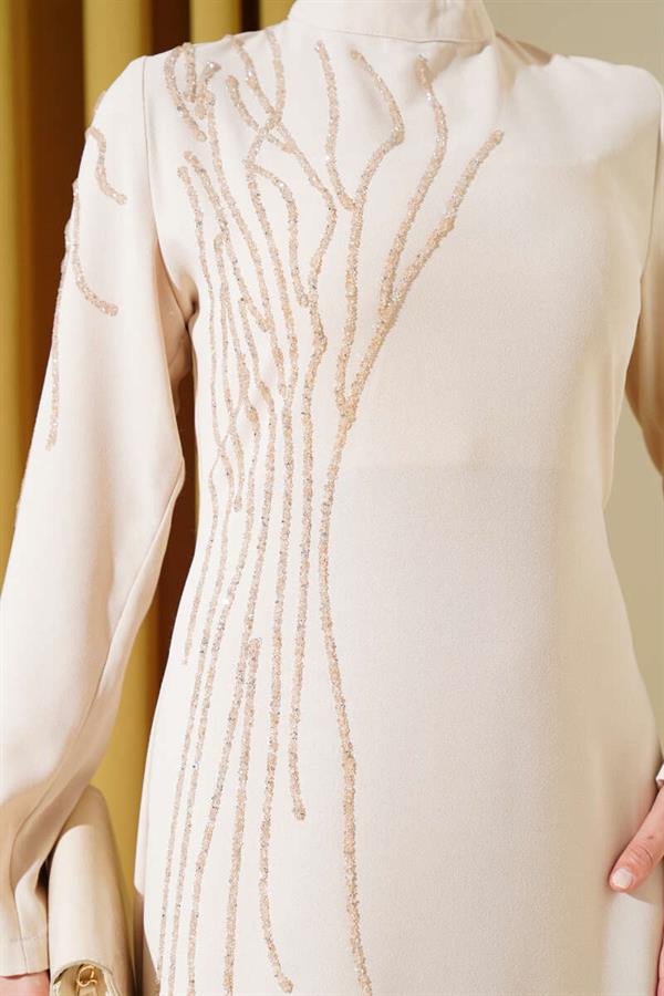 Plus Size Crepe Dress with Stoned Collar and Shoulders Beige