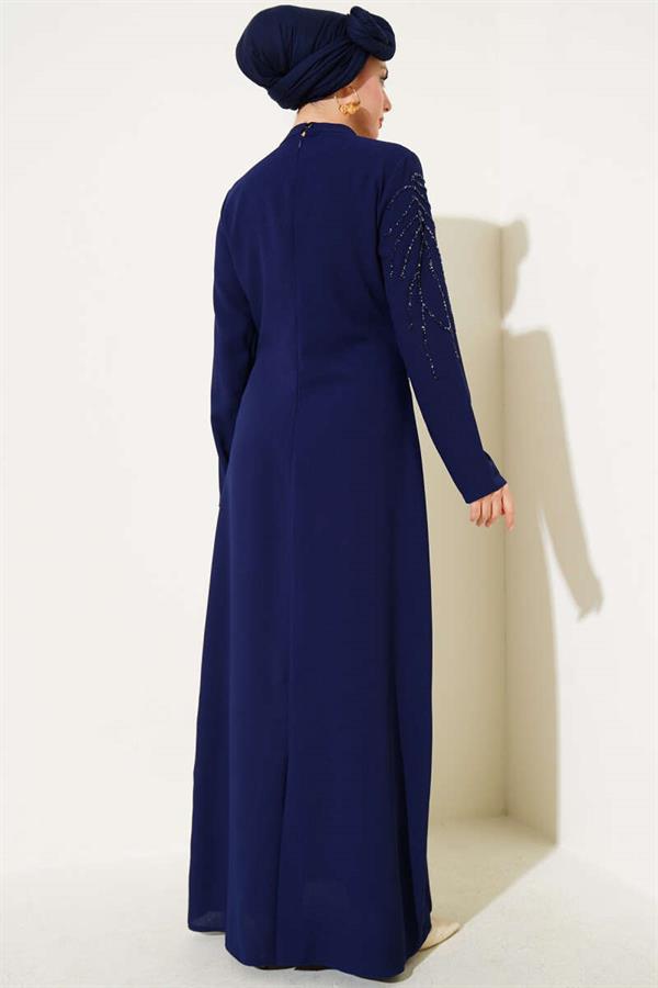 Collar and Shoulder Stoned Plus Size Crepe Dress Navy Blue