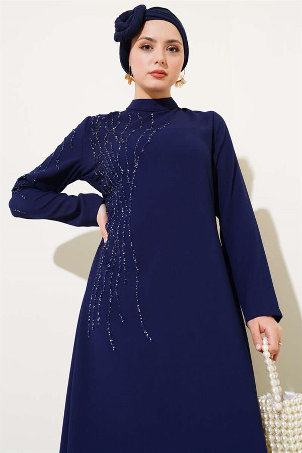 Collar and Shoulder Stoned Plus Size Crepe Dress Navy Blue