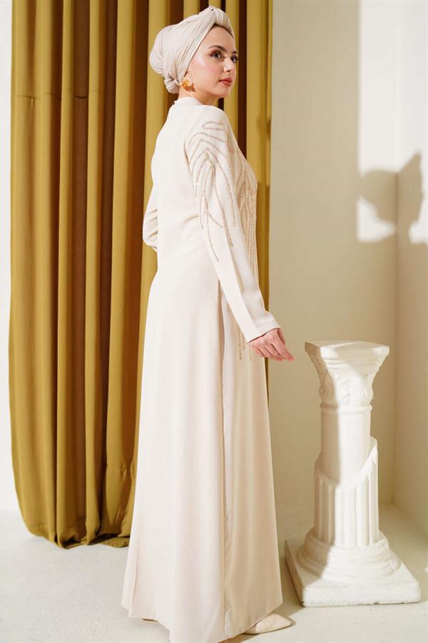 Plus Size Crepe Dress with Stoned Collar and Shoulders Beige