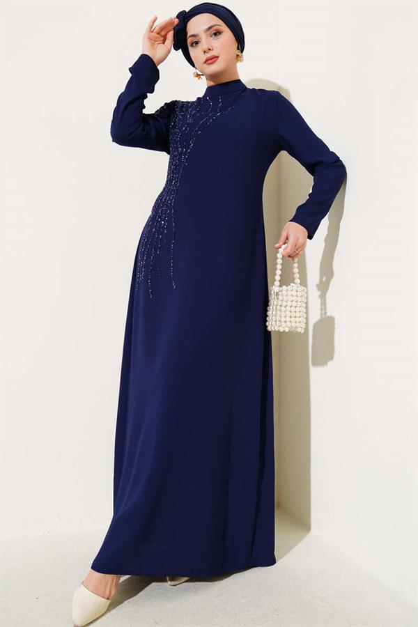 Collar and Shoulder Stoned Plus Size Crepe Dress Navy Blue