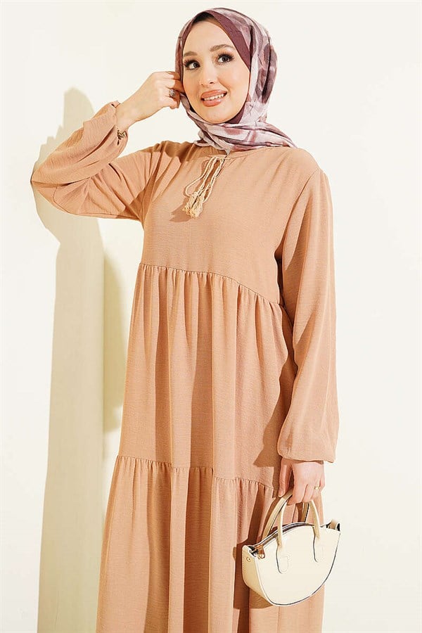 Layered Dress with Lace-Up Neckline, Camel