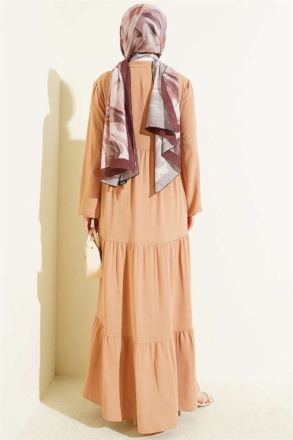 Layered Dress with Lace-Up Neckline, Camel