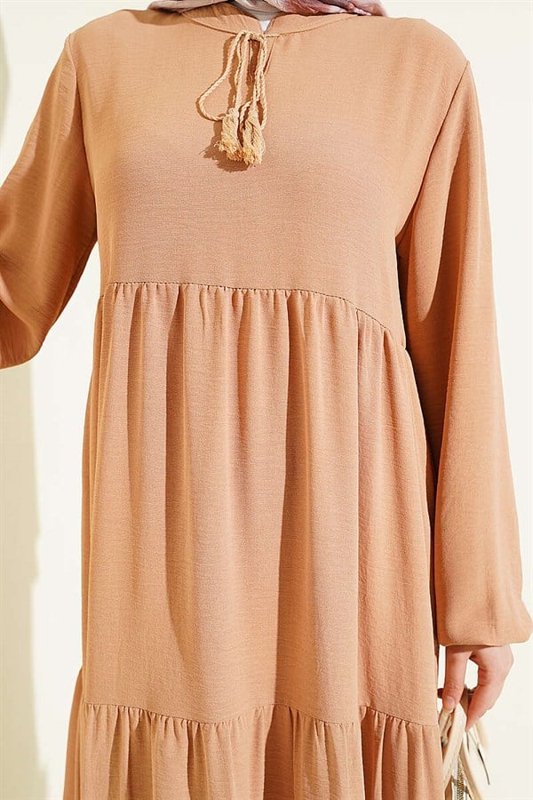 Layered Dress with Lace-Up Neckline, Camel