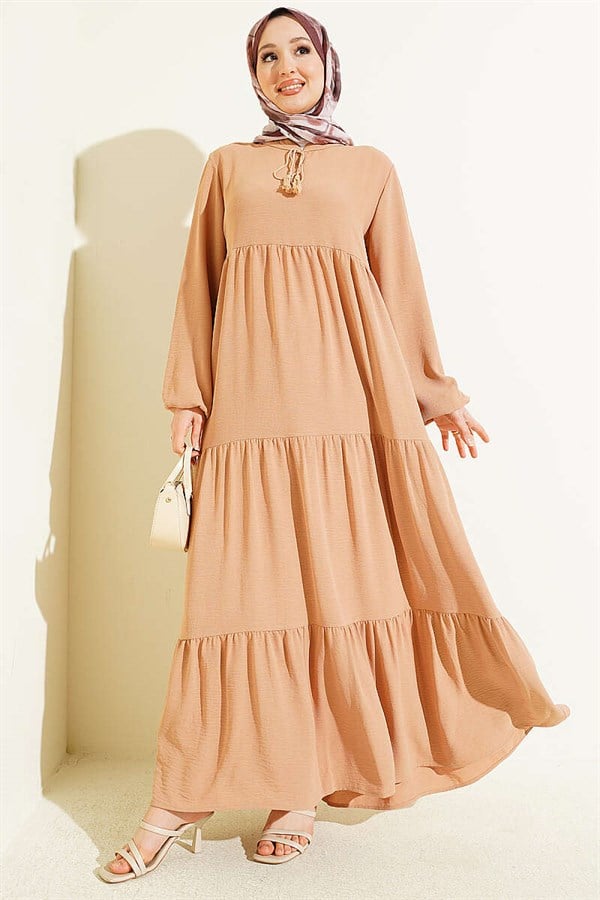 Layered Dress with Lace-Up Neckline, Camel