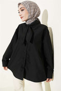Loose-fitting shirt with drawstring collar, black.