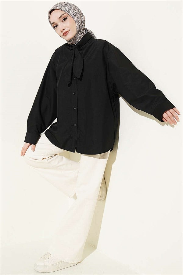 Loose-fitting shirt with drawstring collar, black.