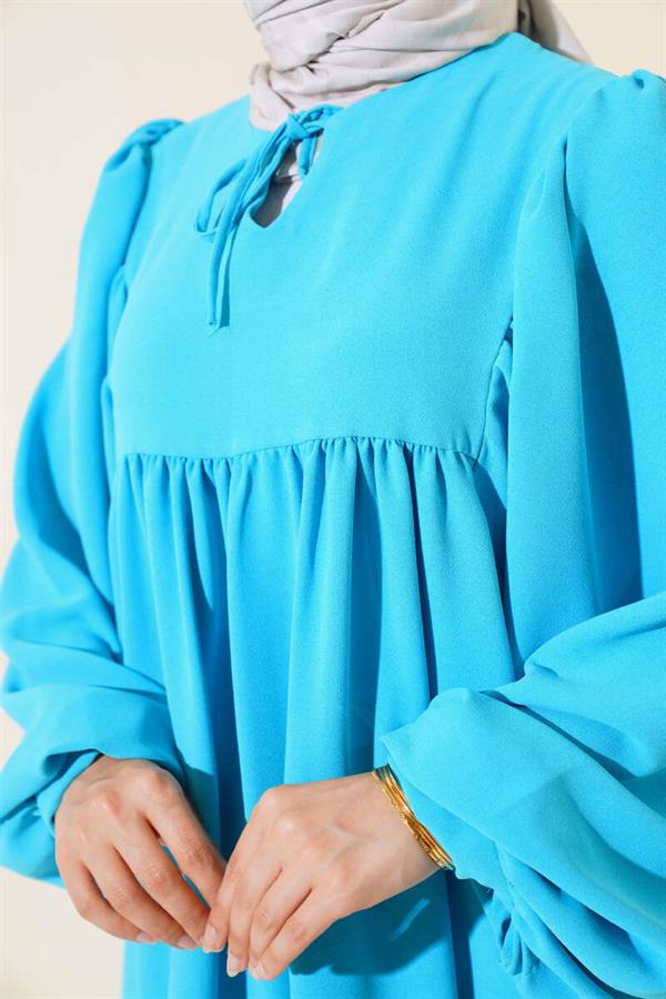 Turquoise Balloon Sleeve Dress with Tie Collar