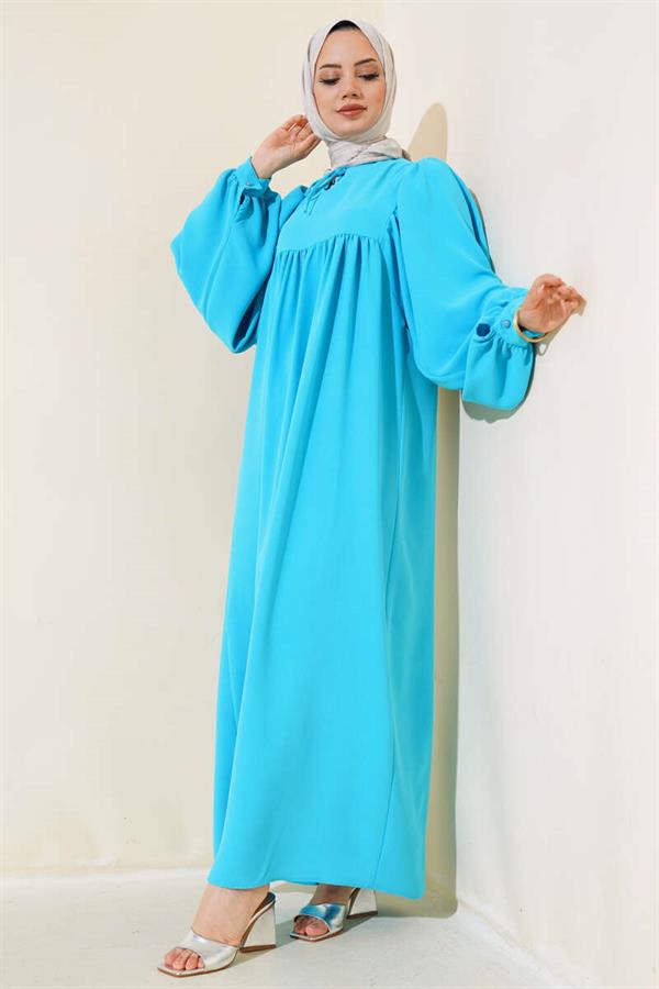 Turquoise Balloon Sleeve Dress with Tie Collar