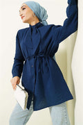 Loose-fitting shirt with tie collar, navy blue.