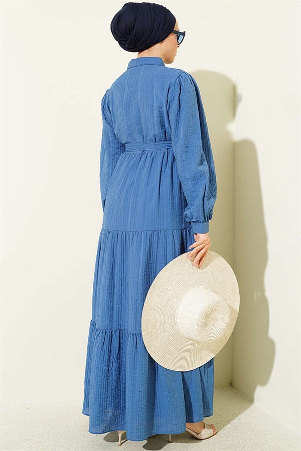 Blue Half-Button Dress with Tie Neckline