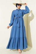 Blue Half-Button Dress with Tie Neckline
