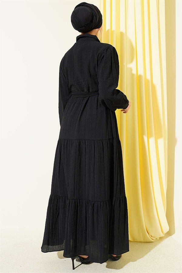 Black Half-Button Dress with Tie Neckline
