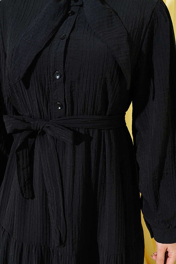 Black Half-Button Dress with Tie Neckline