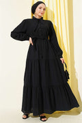 Black Half-Button Dress with Tie Neckline