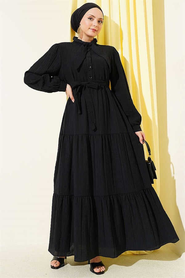 Black Half-Button Dress with Tie Neckline