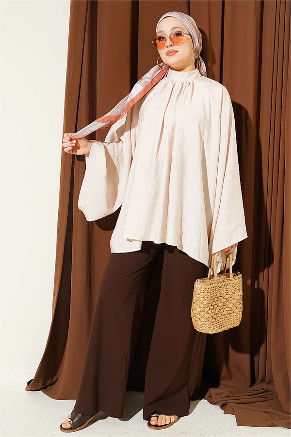Tunic with Gathered Neckline, Beige