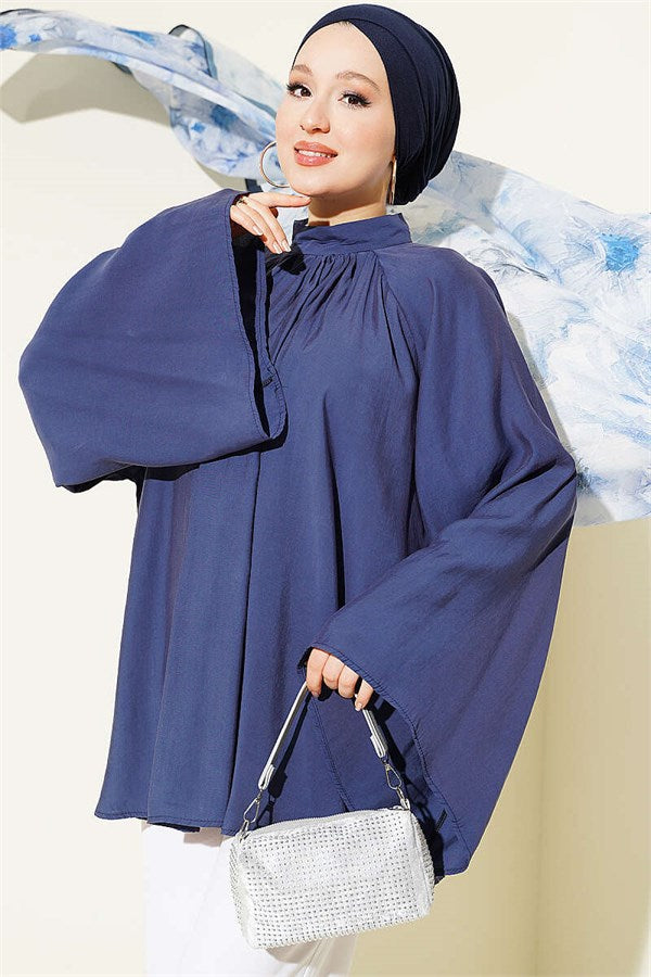 Indigo Tunic with Gathered Neckline Detail