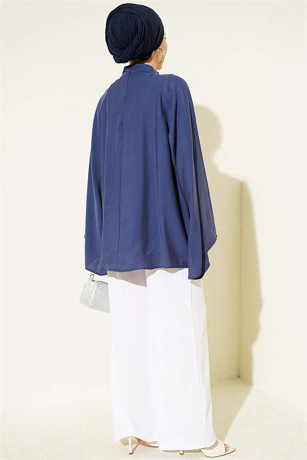 Indigo Tunic with Gathered Neckline Detail